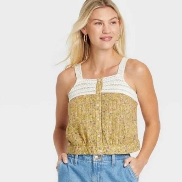Universal Thread Yellow Floral Crochet Yoke Prairie Camisole NWT - Picture 4 of 9